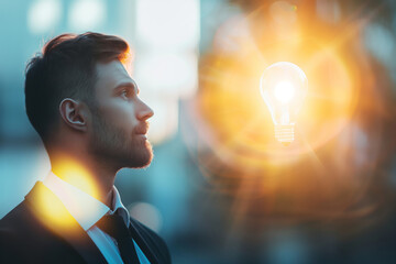 Creative concept image of a man looking at a bright lightbulb implying idea and innovation
