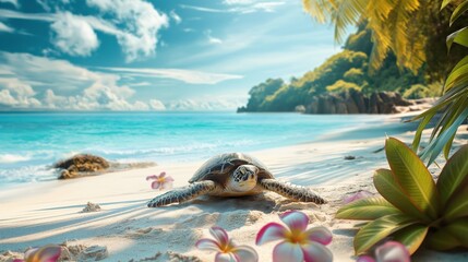 Beautiful beach with palms and turquoise sea in island.