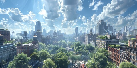 Wall Mural - Cityscape of New York City with lush green trees and blue sky