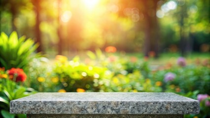 Sticker - An empty stone table in a sunny garden with vibrant flowers in the background.