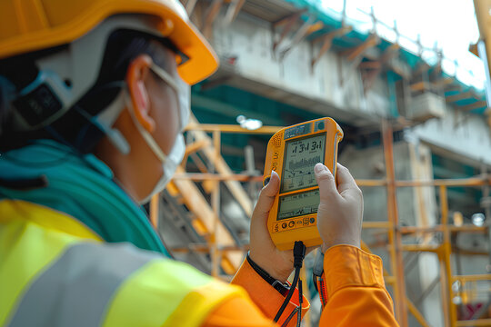 Workers monitor the noise using a sound level meter