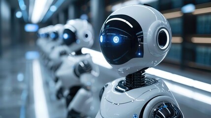 Futuristic robots standing in a line in a modern tech facility, showcasing advanced AI and robotics technology.