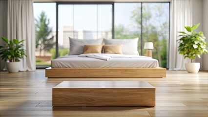 Sticker - Modern bedroom with a wooden platform bed and large windows.