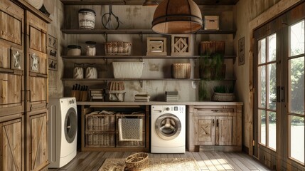 Wall Mural - Rustic style laundry with wooden furniture, shelves and cabinets, but with modern laundry machines. Interior. Generative AI