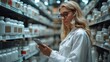 © Vilaysack - Pharmacist in white coat using tablet while checking medication stock in a pharmacy aisle. Healthcare professional managing inventory.