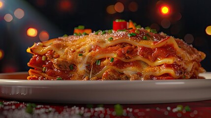 Wall Mural - Close-up of a delicious lasagna with cheese and herbs on a white plate, perfect for Italian cuisine or food-related designs.