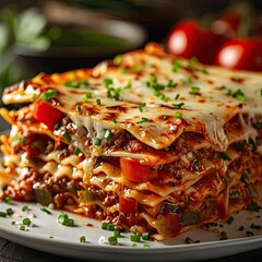 Wall Mural - Delicious homemade lasagna with layers of pasta, rich meat sauce, and melted cheese, garnished with fresh herbs.
