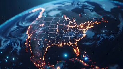 Aufkleber - Blue abstract digital map of America with lines and dots. Suitable for travel, navigation, cartography, geography, cyber technology concepts, data transfer and business information network