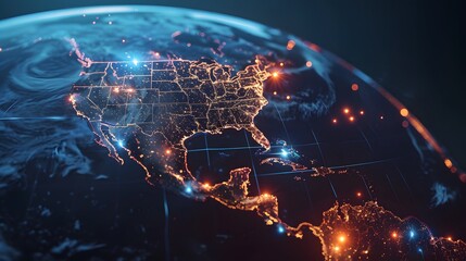 Aufkleber - Blue abstract digital map of America with lines and dots. Suitable for travel, navigation, cartography, geography, cyber technology concepts, data transfer and business information network