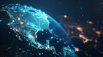 Aufkleber - Blue abstract digital map of America with lines and dots. Suitable for travel, navigation, cartography, geography, cyber technology concepts, data transfer and business information network