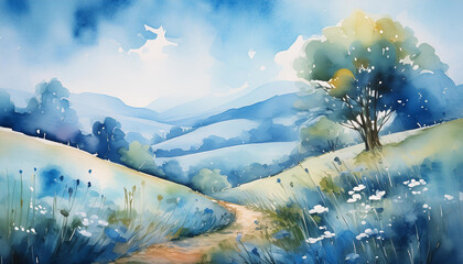 Wall Mural - Abstract watercolor painting of natural landscape in blue colors. Peaceful nature. Hand drawn art.