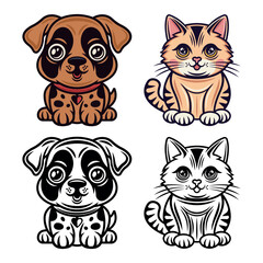 Wall Mural - Cat and dog cartoon characters set of vector illustrations in two styles, monochrome and colored