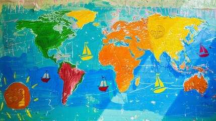  Brightly painted world map with kids' drawings, unity, copy space, global theme, dynamic, fusion, classroom wall