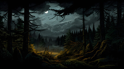 Wall Mural - Digital mythology comic dark forest graphics poster background