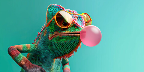 Colorful Chameleon with Sunglasses Blowing Bubblegum on Blue Background. Fun and Whimsical Animal Concept
