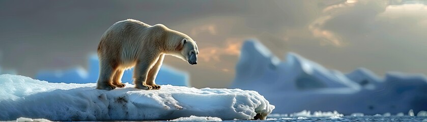 a polar bear standing on an icy landscape at sunset, with icebergs in the background, showcasing the