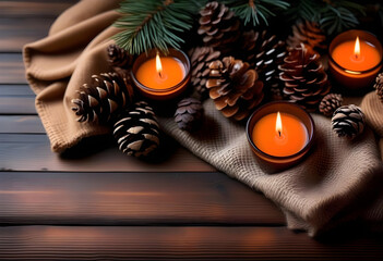 Wall Mural - A rustic table set up with a blanket, pine cones, and an empty space for a product mockup