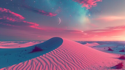 Wall Mural - A photo of a surreal desert with pink sand dunes, a twilight sky with a brilliant aurora and a crescent moon in the background