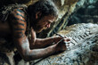 © fotogurme - Caveman carving symbols into stone for primitive writing