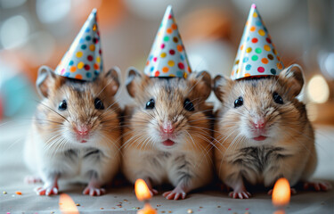 Wall Mural - Three fluffy hamsters are wearing birthday hats.