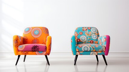 Wall Mural - Two vibrant chairs with unique patterns captured in a professional photo against a clean white wall.