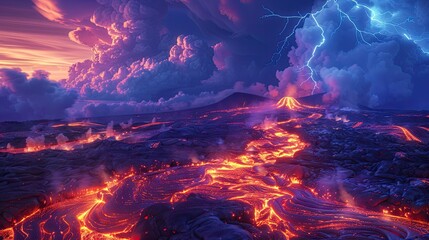 Wall Mural - A photo of a volcanic landscape with glowing lava rivers, a fiery sky with ash clouds and lightning in the background