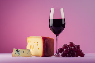 Elegant red wine and cheese pairing, isolated on a gradient background 