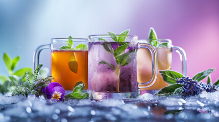 Wall Mural - Frosty herbal tea infusion on garden table, isolated on a gradient background 