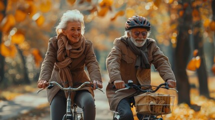 Wall Mural - Two fun-loving seniors bike together in the fall to stay fit and healthy. Active elderly couple on bicycles