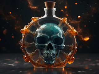 Isolating a vintage gold poison bottle with skull and crossbones on a black background  warns of danger