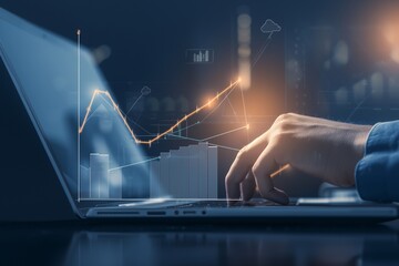 Businessman use laptop to analyzing growing chart for showing successful increase in business profit on virtual screen