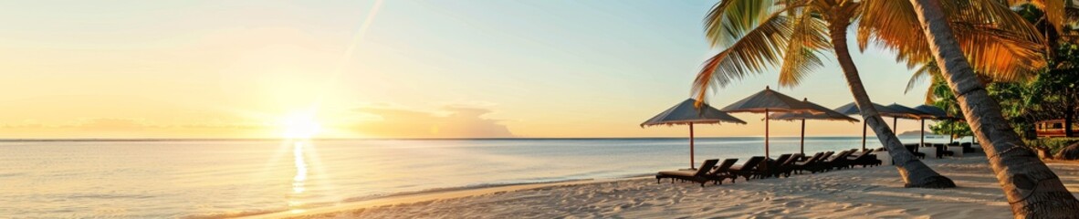 A tranquil beach with lounge chairs and umbrellas set up for vacationers, overlooking the calm ocean waters and the setting sun. Palm trees provide shade and enhance the tropical paradise feel.