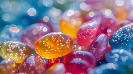 Wall Mural - A close up of a bunch of colorful jelly beans with water droplets on them