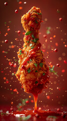 Wall Mural - Delicious fried chicken nuggets and flying sauce on red background