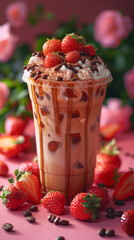 Poster - Strawberry milkshake on wooden table in forest