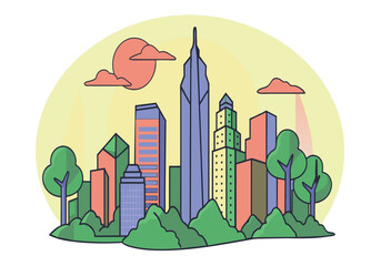 Wall Mural - A cityscape with a large building in the middle and trees surrounding it