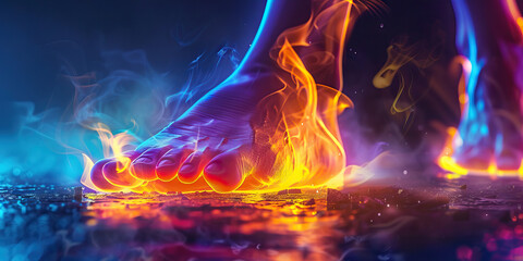 Wall Mural - Foot Pain: The Aching, Burning Sensation of Sore Feet - Visualize a scene where the feet ache and burn, with every step feeling like walking on hot coals