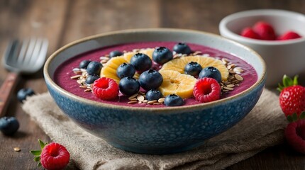 Wall Mural - Yogurt with berries and cereal , breakfast background. Top view.	