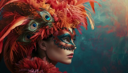 Poster - A woman wearing a red and orange feathered headdress and a blue and green mask.