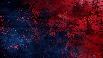 Abstract grungy red and navy painting with splatters texture