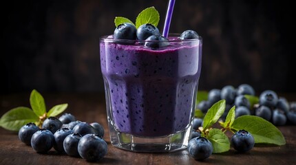 Wall Mural - Blueberry smoothie or milkshake in a glass with straw, fresh berries and mint. Summer refreshing drink	