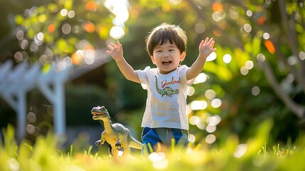 Wall Mural - A cute little boy is playing with toys on the green lawn