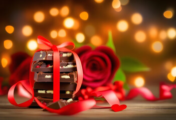 Wall Mural - A heart-shaped chocolate with a red ribbon and bokeh lights in the background