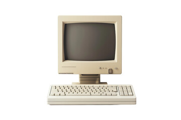 Vintage beige desktop computer with CRT monitor and keyboard, isolated on white background, symbolizing early computing technology.