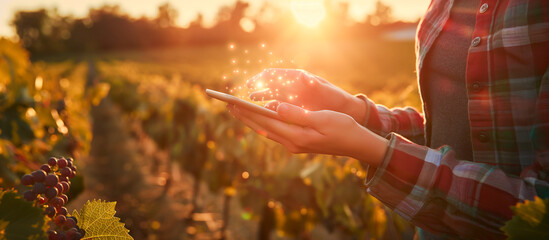 Wall Mural - young women use tablet in the red vineyard. farm with technology concept background.