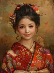 Wall Mural - Portrait of a Japanese woman in traditional clothing