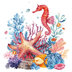 Corals group with a starfish seahorse, Marine life cute element animal life in under sea isolated on transparent background.