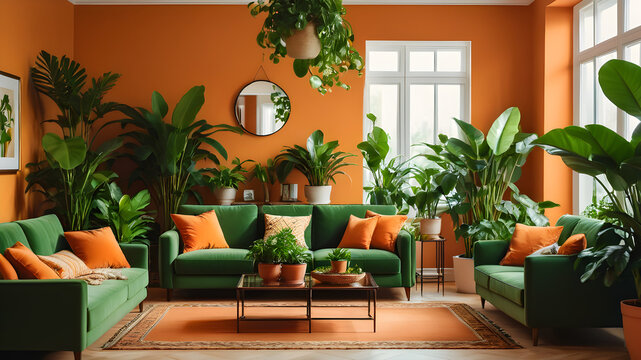 Interior of orange living room with green houseplants and sofas, Generative AI