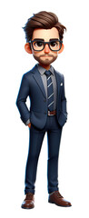 Businessman 5. Young serious businessman in business suit and glasses with full length beard in 3D cartoon style on transparent background, for advertising and presentations