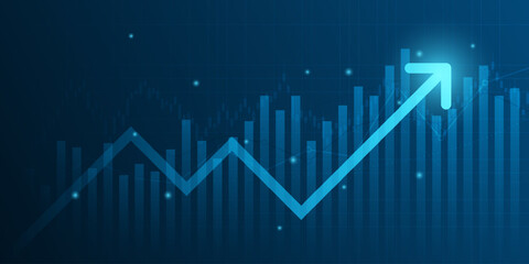 Wall Mural - abstract financial graph with uptrend line arrow and bar chart of stock market on blue color backgro